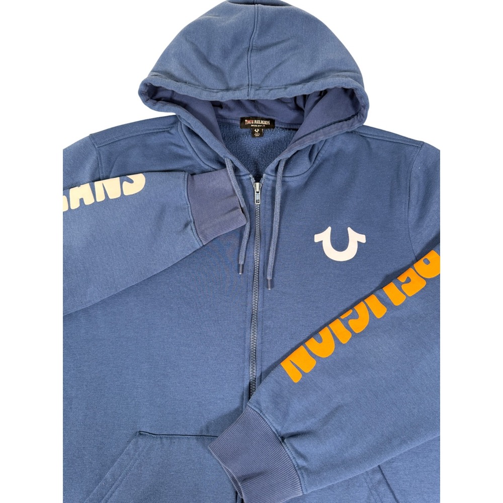 True Religion Mens Blue Zip Up Hoodie Horseshoe Logo Graphic Sleeve Size L